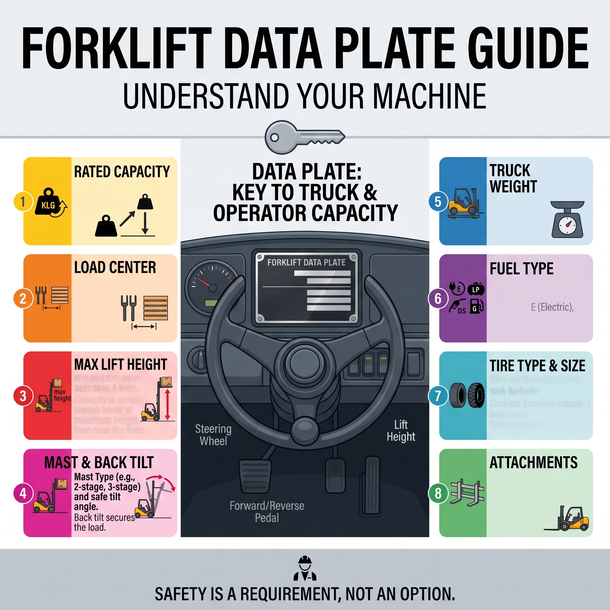 A detailed infographic titled "Forklift Data Plate Guide," illustrating how to understand the data plate in a forklift operator's cockpit. It features eight color-coded key data points: 1) Rated Capacity, 2) Load Center, 3) Max Lift Height, 4) Mast and Back Tilt, 5) Truck Weight, 6) Fuel Type, 7) Tire Type and Size, and 8) Attachments. The central image shows a steering wheel, pedals, and a blank data plate.