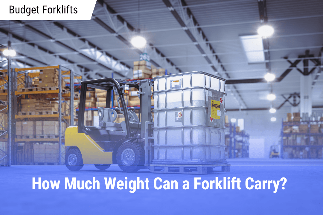 Warehouse with stacked goods and forklift