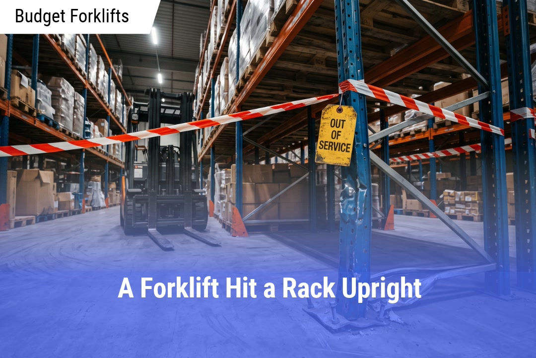 Damaged blue warehouse pallet rack base cordoned off with red and white safety tape and an Out of Service tag, with a stopped forklift in the background aisle.