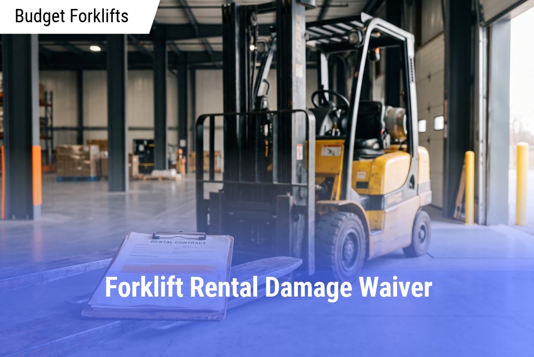 Yellow counterbalance forklift parked in a clean warehouse near a loading dock, featuring a clipboard with a highlighted rental contract resting on the fork tines.