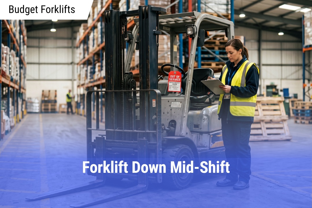 Warehouse supervisor in a high-visibility vest inspecting a counterbalance forklift with a red out-of-service tag on the steering wheel.