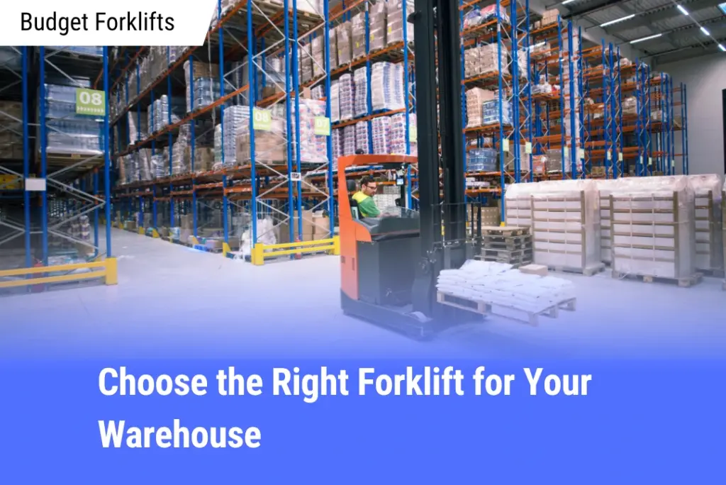 Warehouse forklift lifting pallet with text about choosing the right forklift
