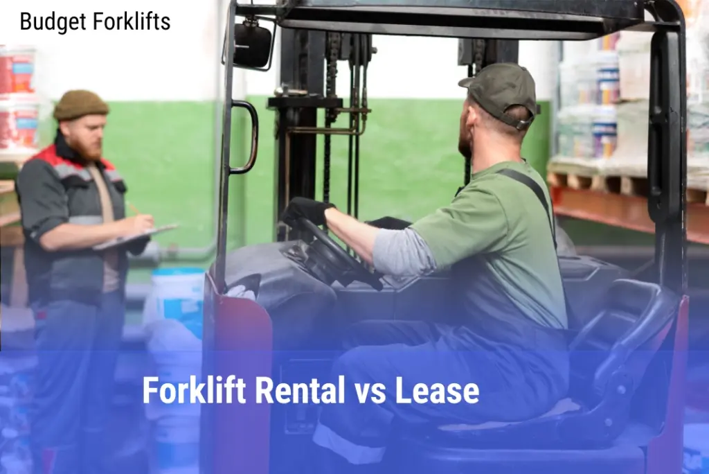 Forklift operator driving while coworker takes notes in a warehouse – Budget Forklifts rental vs lease