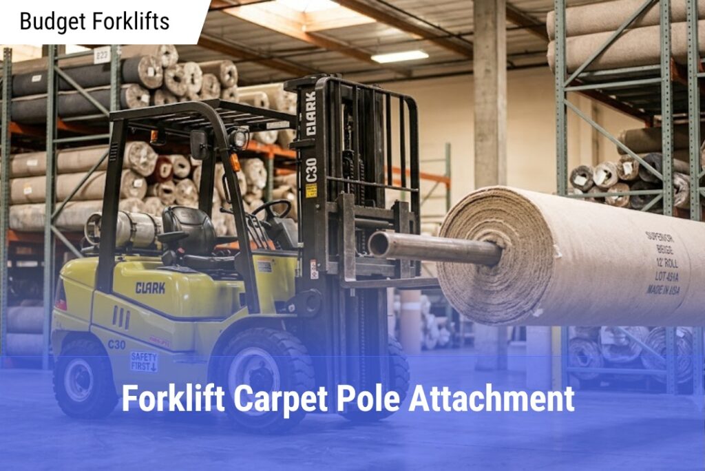 A yellow counterbalance forklift operating in a flooring warehouse, holding a large beige carpet roll with a steel pole attachment inserted through its core, set against soft-focus warehouse racking and skylight illumination.