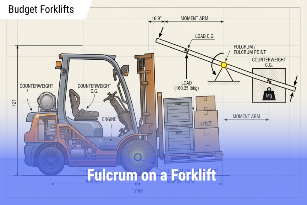 A technical illustration and blueprint diagram of a counterbalanced forklift lifting a palletized load, featuring a cutaway view of the engine, a bright yellow fulcrum marker at the front axle, and a see-saw balance overlay diagram demonstrating the physics of the load versus the counterweight.