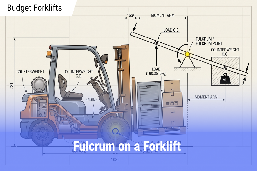 A technical illustration and blueprint diagram of a counterbalanced forklift lifting a palletized load, featuring a cutaway view of the engine, a bright yellow fulcrum marker at the front axle, and a see-saw balance overlay diagram demonstrating the physics of the load versus the counterweight.