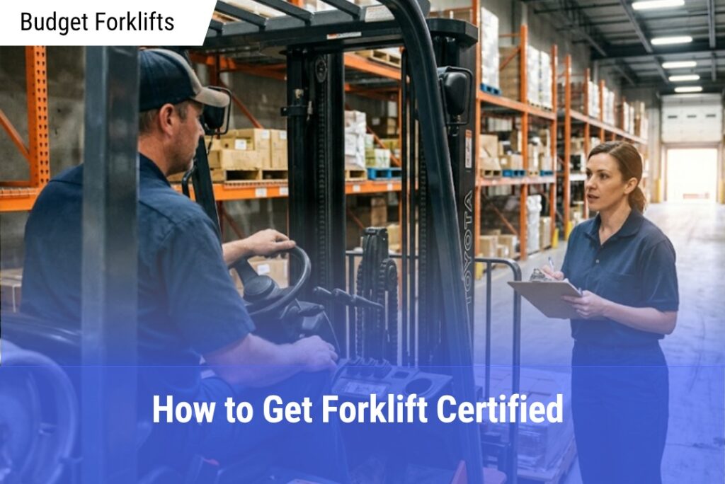 Female warehouse supervisor with a clipboard talking to a male forklift driver in a busy industrial aisle.