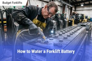 Technician in safety gear using a watering gun and flashlight to fill a forklift battery cell in a warehouse battery room.