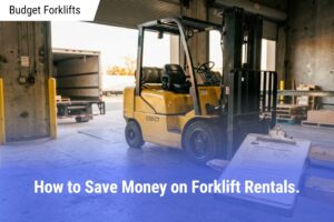 A yellow 5,000 lb cushion tire forklift parked at an open warehouse loading dock in warm late afternoon light, with a rental agreement on a clipboard sitting in sharp focus on the front forks.