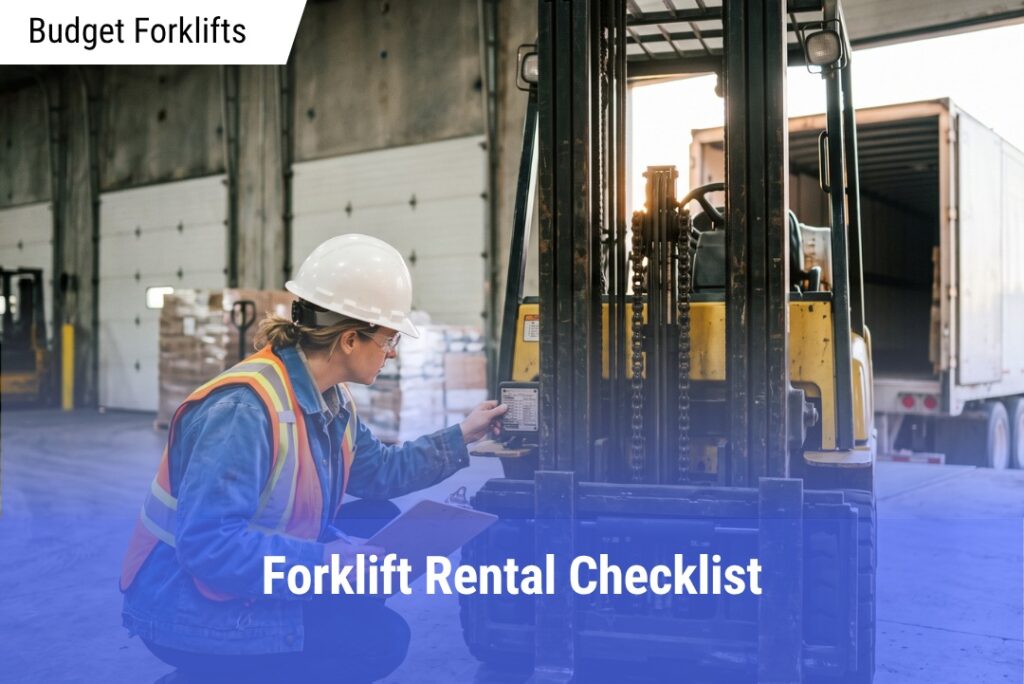 Warehouse supervisor wearing a hard hat and safety vest crouching beside a counterbalance forklift to inspect its data plate and mast chains at a loading dock.