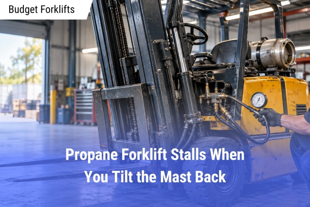 Forklift with maintenance warning displayed.