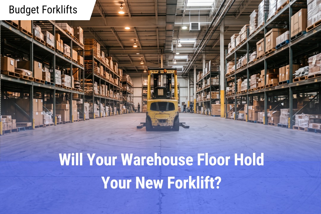 A wide-angle view of a modern warehouse interior featuring a yellow forklift parked in a storage aisle on a textured concrete floor.