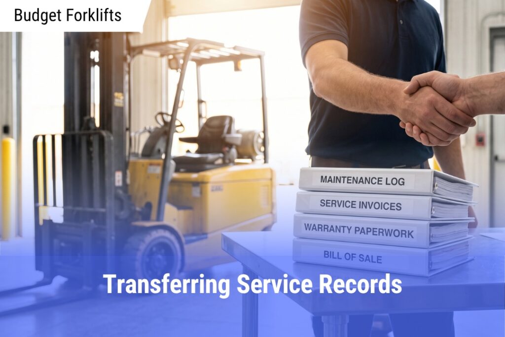Two people shaking hands over a complete packet of used forklift maintenance records, service invoices, and a bill of sale, finalizing a transaction in a warehouse with a yellow forklift in the background.