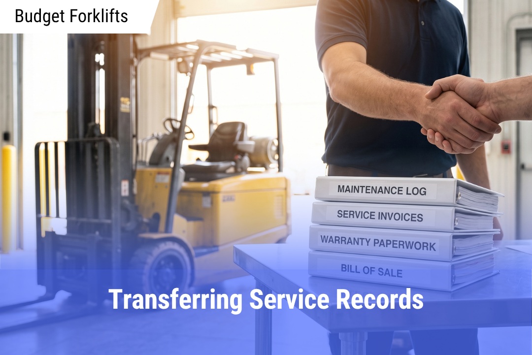 Two people shaking hands over a complete packet of used forklift maintenance records, service invoices, and a bill of sale, finalizing a transaction in a warehouse with a yellow forklift in the background.