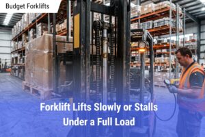 Warehouse technician performing forklift maintenance, checking the hydraulic pressure gauge on a counterbalance lift truck with a stalled pallet load.
