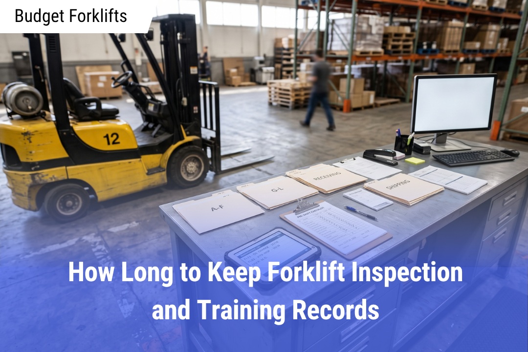 A steel warehouse service desk covered with a maintenance tablet, file folders, and a pre-shift checklist clipboard, located next to a parked yellow counterbalance forklift.