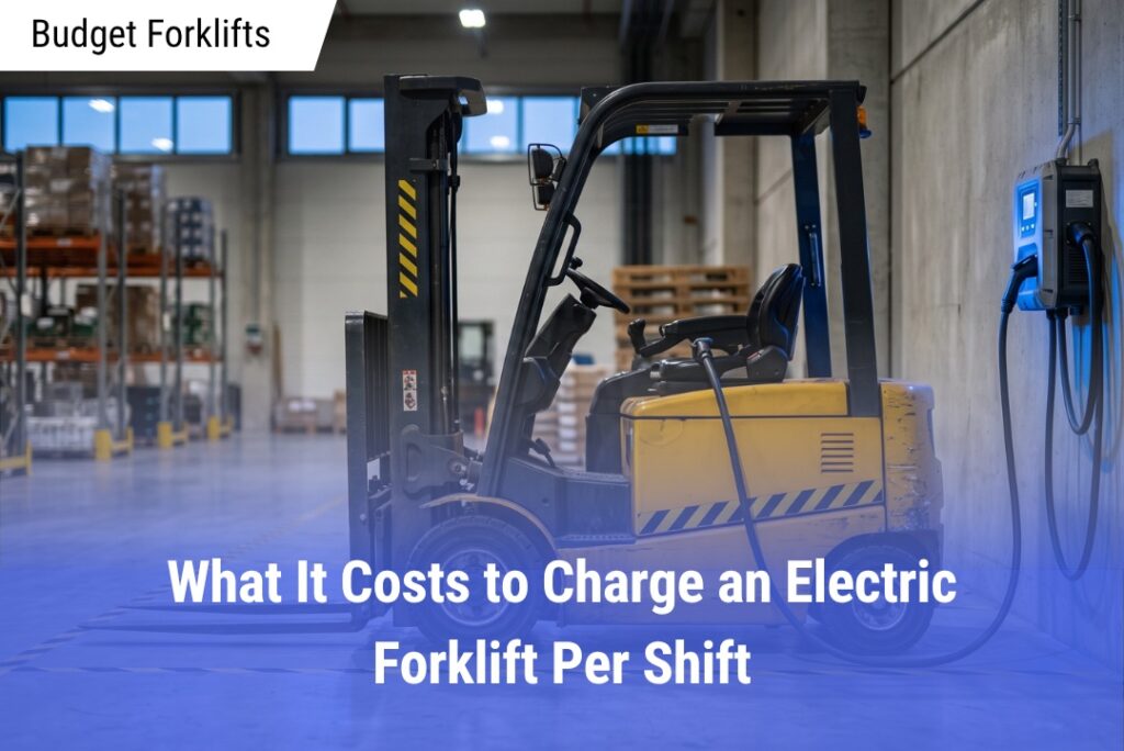 Accurately describes the specific contents of the image for visually impaired users (accessibility is a ranking factor) while naturally incorporating long-tail keywords ("electric counterbalance forklift," "wall-mounted industrial battery charger") without keyword stuffing.