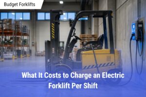 Accurately describes the specific contents of the image for visually impaired users (accessibility is a ranking factor) while naturally incorporating long-tail keywords ("electric counterbalance forklift," "wall-mounted industrial battery charger") without keyword stuffing.